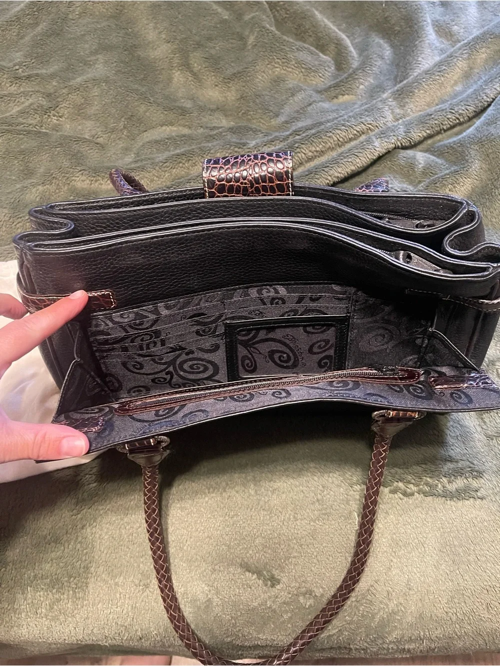 Vintage Black Leather Satchel Bag with Brown Accents